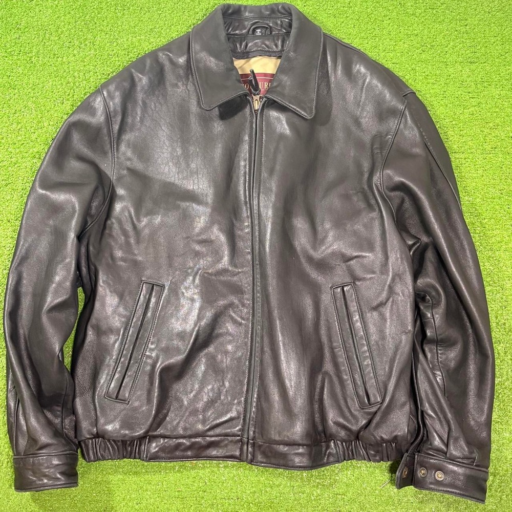 Vintage 90s Couture J Park Black Genuine Leather Mens Bomber Jacket Size LG